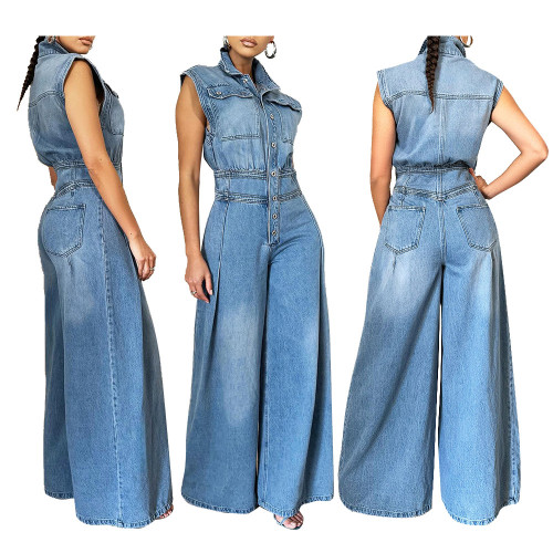 Install new casual washed sleeveless denim jumpsuit wide leg pants