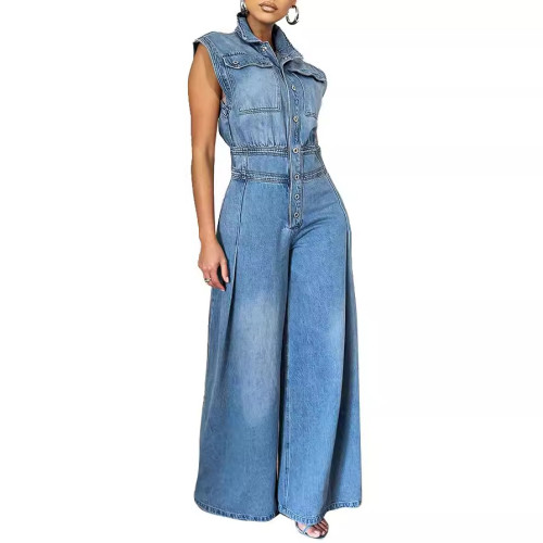 Install new casual washed sleeveless denim jumpsuit wide leg pants
