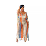 New women's striped fringe knitted beach skirt