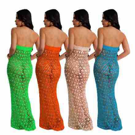 New women's knitted one shoulder sequin hollowed out beach skirt