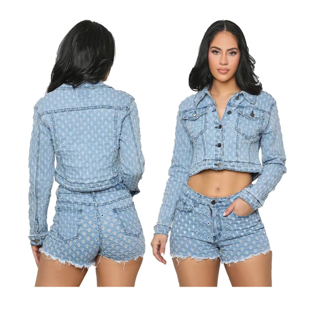 New women's casual distressed denim shorts set