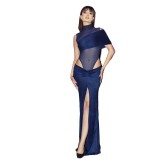 New Summer Women's Fashion and Personalized High Neck Slim Fit Perspective Sexy Split Skirt Set