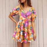 Cross border European and American women's summer new V-neck printed beach skirt lantern sleeve short dress popular