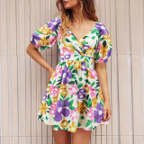 Cross border European and American women's summer new V-neck printed beach skirt lantern sleeve short dress popular