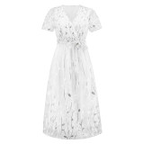 Cross border foreign trade women's clothing, large-sized embroidered bright silk mesh dress, fashionable slim fit V-neck, medium length dress