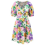 Cross border European and American women's summer new V-neck printed beach skirt lantern sleeve short dress popular