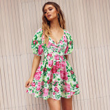 Cross border European and American women's summer new V-neck printed beach skirt lantern sleeve short dress popular