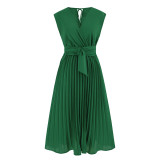 Summer sleeveless V-neck tie up dress, fashionable slim fit, pleated mid length skirt, popular on Amazon for foreign trade
