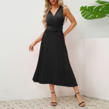 European and American cross-border women's clothing new sexy slim fit temperament V-neck pleated belt dress Amazon dress
