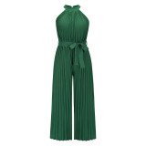 Sexy neck hanging sleeveless pleated jumpsuit for summer women's foreign trade new lace up slim fit pleated wide leg pants