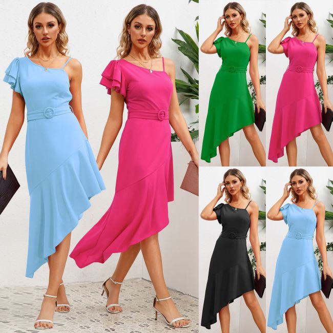 European and American slanted shoulder high waisted irregular hem dress, summer cross-border women's fashion hit, lotus leaf suspender dress