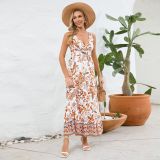 Sexy V-neck slim fit temperament dress, summer European and American women's floral dress, retro printed long skirt