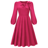 Amazon Long sleeved Dress, European and American Foreign Trade Autumn and Winter New Round Neck Bow A-line Mid length Skirt