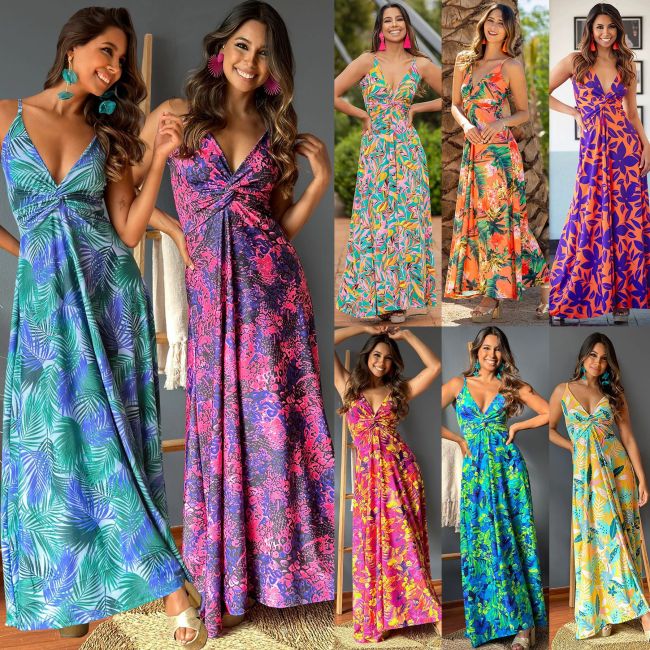 Cross border fashion women's clothing for spring and summer, Amazon's new camisole V-neck print, elegant temperament, A-line dress