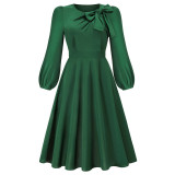 Amazon Long sleeved Dress, European and American Foreign Trade Autumn and Winter New Round Neck Bow A-line Mid length Skirt