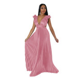 Women's New Fashion Solid Color Sexy Sleeveless Backless Lace up Deep V-pleated High Waist Dress for Women