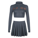 Embroidered letters, half high neck, short zippered cardigan, high waist, pleated skirt, special casual sports suit for women