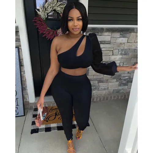 Women's summer mesh single sleeve elastic two-piece set, solid color sexy single shoulder casual women's clothing