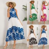 Cross border European and American foreign trade women's standing collar sleeveless pleated printed skirt loose A hem long skirt explosive dress