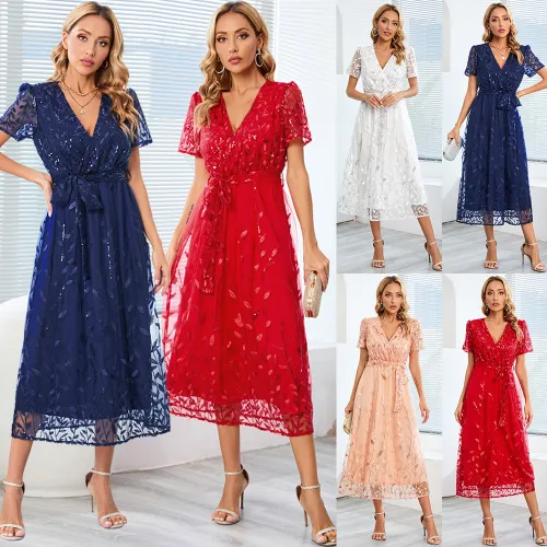 Cross border foreign trade women's clothing, large-sized embroidered bright silk mesh dress, fashionable slim fit V-neck, medium length dress