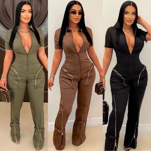 New fashion, sexy and personalized women's short sleeved flip collar, zippered pocket, work clothes, one piece long pants for women