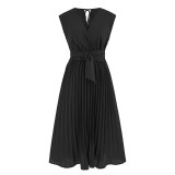 Summer sleeveless V-neck tie up dress, fashionable slim fit, pleated mid length skirt, popular on Amazon for foreign trade