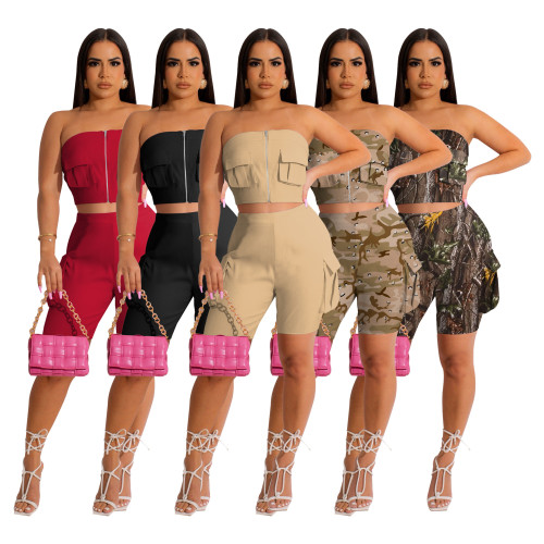 Women's summer solid color short sleeved shorts two-piece camouflage pocket elastic casual set for women