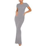 Summer New Fashion Style Elegant and Slim Fit Short Sleeve Round Neck Long Basic Dress for Women