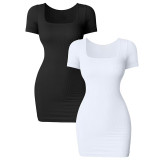 2024 Women's sexy square neck tight fitting short elegant short sleeved ribbed dress