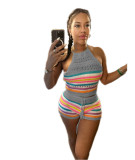 Summer Women's New Sweater Fashion Open Back Hanging Neck Top Wrapped Hip Tight Pants Set