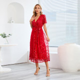 Cross border foreign trade women's clothing, large-sized embroidered bright silk mesh dress, fashionable slim fit V-neck, medium length dress