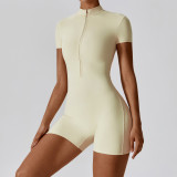 Summer zippered short sleeved yoga jumpsuit for women's dance, fitness, and tight fitting sports jumpsuit