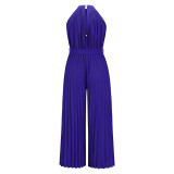 Sexy neck hanging sleeveless pleated jumpsuit for summer women's foreign trade new lace up slim fit pleated wide leg pants