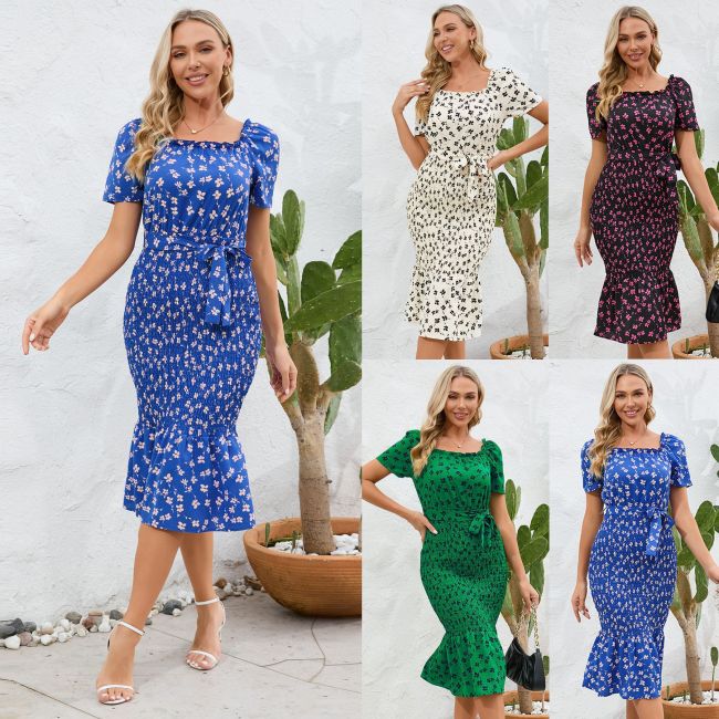 European and American foreign trade women's sexy buttocks wrapped floral skirt, summer tight and slim, ruffled edge temperament dress