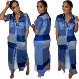 Women's contrasting checkered button up shirt with a flip collar and large hem dress