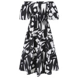 European and American Foreign Trade Sexy One line Neck Bubble Sleeve Printed Skirt Casual Fashion Big Show Elegant Dress Amazon