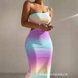 New summer cross-border independent station single shoulder hollow printed tight fitting skirt