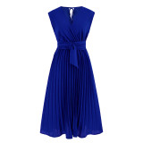 Summer sleeveless V-neck tie up dress, fashionable slim fit, pleated mid length skirt, popular on Amazon for foreign trade