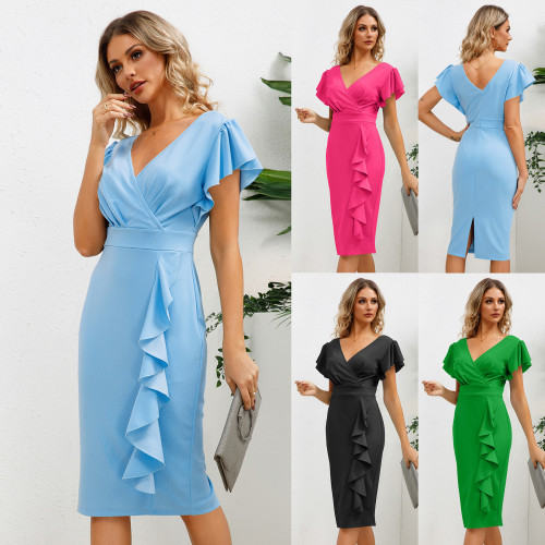 Professional dress, European and American foreign trade Amazon summer new women's V-neck ruffled edge slim fit temperament dress