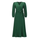 Autumn and winter foreign trade women's new V-neck long sleeved pleated A-line skirt cross-border Amazon mid length dress in Europe and America