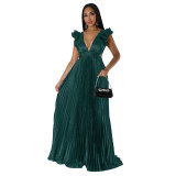 Women's New Fashion Solid Color Sexy Sleeveless Backless Lace up Deep V-pleated High Waist Dress for Women