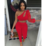 Women's summer mesh single sleeve elastic two-piece set, solid color sexy single shoulder casual women's clothing