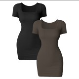 2024 Women's sexy square neck tight fitting short elegant short sleeved ribbed dress