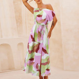 Spring/Summer Cross border Amazon New Elegant Slim Fit Temperament Printed Skirt One line Neck Split Belt Dress