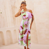 Spring/Summer Cross border Amazon New Elegant Slim Fit Temperament Printed Skirt One line Neck Split Belt Dress