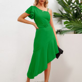 European and American slanted shoulder high waisted irregular hem dress, summer cross-border women's fashion hit, lotus leaf suspender dress