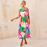 Spring/Summer Cross border Amazon New Elegant Slim Fit Temperament Printed Skirt One line Neck Split Belt Dress
