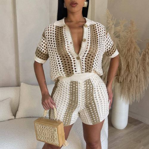 Beautiful and sexy women's hollowed out perspective flip collar knitted shorts set