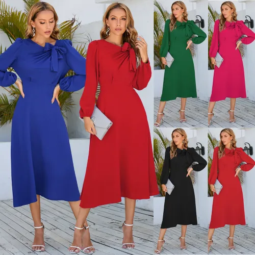 Amazon Long sleeved Dress, European and American Foreign Trade Autumn and Winter New Round Neck Bow A-line Mid length Skirt