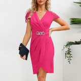 Summer new V-neck pleated waistband V-neck short sleeved dress sexy, elegant, and elegant, showcasing temperament. Short skirts are popular in women's clothing